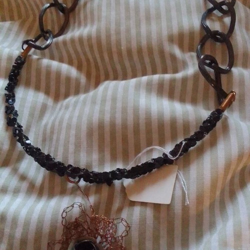 Handmade wire flower choker necklace with black chains and gold fo clasp new