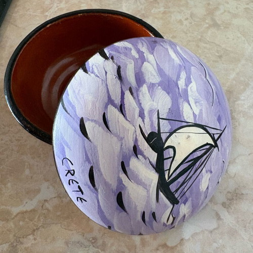 Ceramic jewelry box with Crete painting, 10 cm diameter