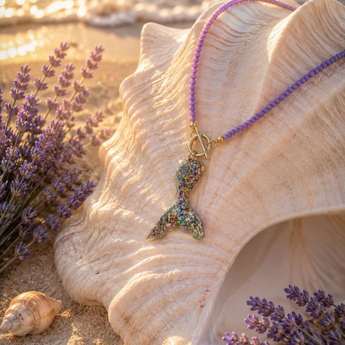 Handmade Necklace with Czech beads, steel clasp -T-, mermaid tail made of clay and zirconia