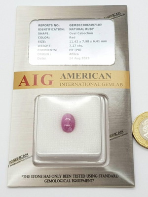 Ruby Cabochon 7.17cts natural, new with AIG certificate