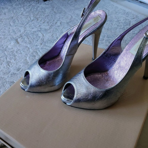 Peep-toe shoes used, Italian, genuine leather, silver, size 37, 11 cm heel
