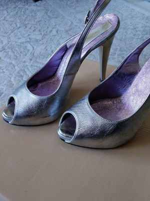 Peep-toe shoes used, Italian, genuine leather, silver, size 37, 11 cm heel