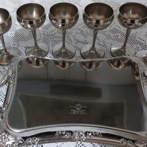 Vintage Twin Bird Japanese Liqueur Set with Tray and 6 Glasses