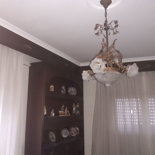 Vintage five-light ceiling lamp used, brass and glass