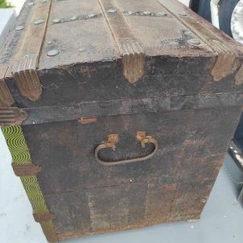 Wooden antique chest used with metal lining I.G. Velentzas
