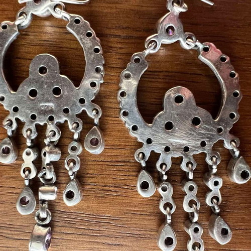 Silver chandelier earrings used with pink semi-precious stones