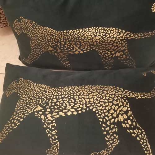 Modernhome velvet pillows with gold leopard print, pack of 2, dark green