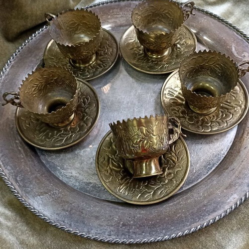 Bronze coffee set used, 5 cups with 5 saucers, silver-plated tray