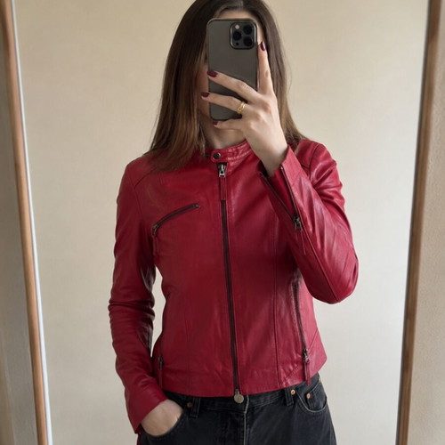 Lapel Red Leather Jacket L Size Slim Fit Like New