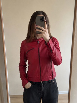 Lapel Red Leather Jacket L Size Slim Fit Like New