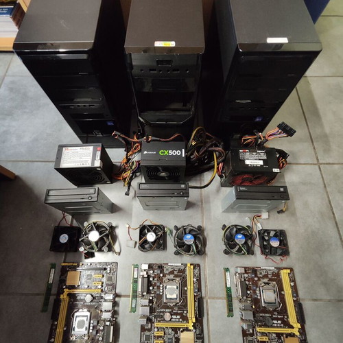 PC spare parts set, used, includes RAM, motherboards, coolers, power supplies, DVD burners, cases