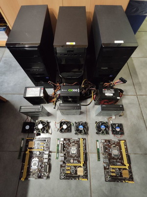 PC spare parts set, used, includes RAM, motherboards, coolers, power supplies, DVD burners, cases
