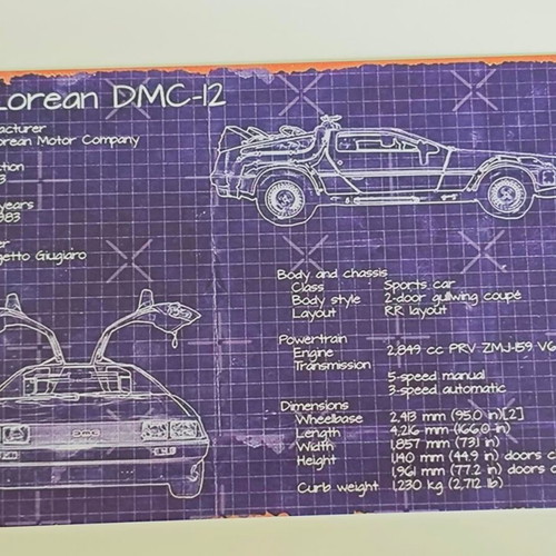 DeLorean DMC-12 blueprint metal sign like new