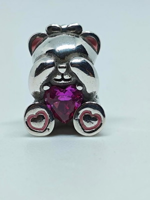 Silver charm teddy bear with fuchsia heart S925 like new