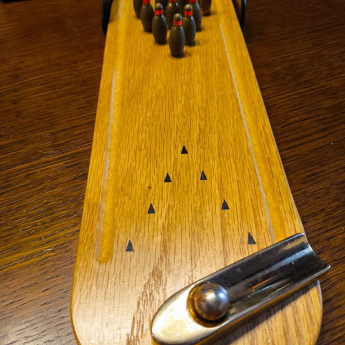 Vintage wooden bowling tabletop game used, 1980s era