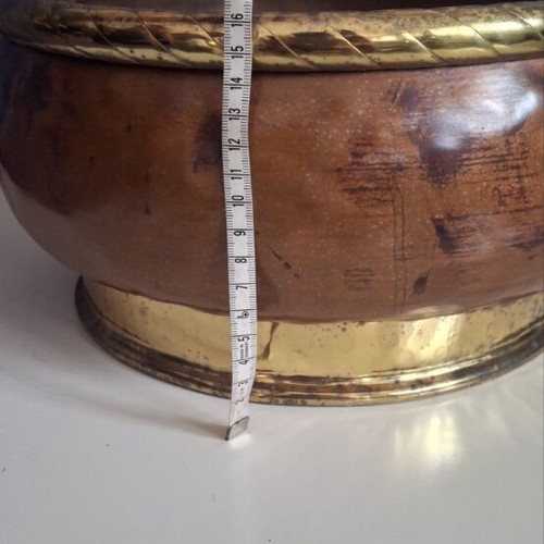 Vintage large copper planter pot with brass details, used