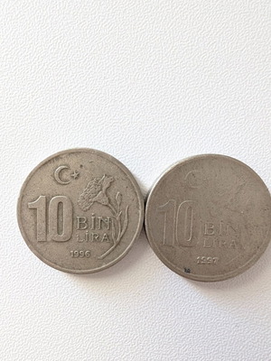 Turkish 10,000 Lira coins used, 1996 and 1997