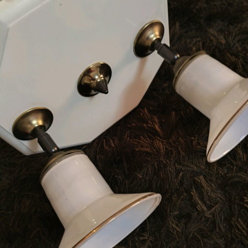 Vintage ceiling light set 4-light and 2-light, brass and opaline glass