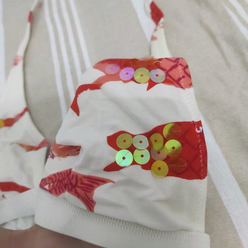 Bikini swimsuit white with orange details and sequins small in very good condition