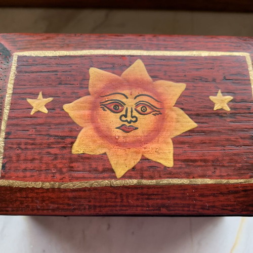 Handmade wooden jewelry box with sun and moon design, new