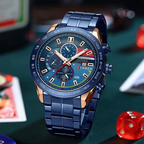 Ρολόι Curren Luxury Chronograph καινούργιο, μπλε και χρυσαφί