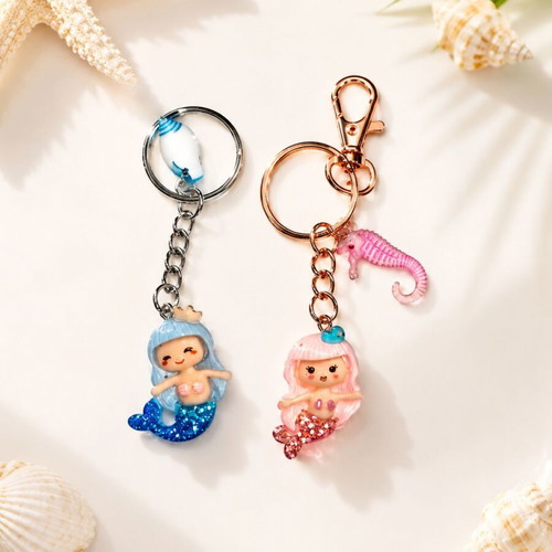 Handmade Mini Glitter Mermaid Keychains in 4 Colors with Summer Charms