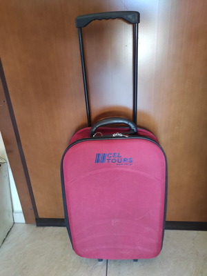 Red fabric travel suitcase trolley carry-on