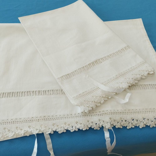 Pair of Handmade Bridal Pillowcases with Crochet Lace and Azur Motif