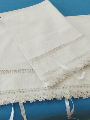 Pair of Handmade Bridal Pillowcases with Crochet Lace and Azur Motif