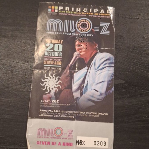 Milo-Z Concert Ticket and Mini Poster used, Principal Club Theater Thessaloniki