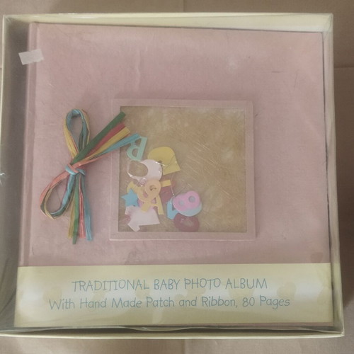 Baby photo album with handmade patch and ribbon, 80 pages