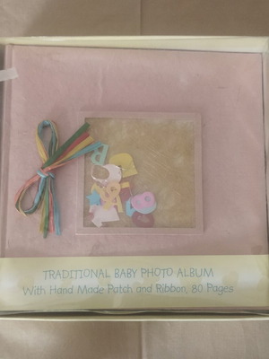 Baby photo album with handmade patch and ribbon, 80 pages