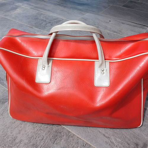 Vintage red suitcase bag used with zipper defect