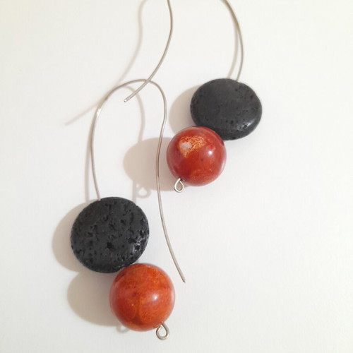 Handmade earrings new with silver, coral and lava stones