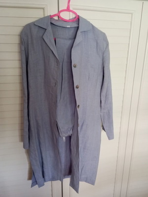 Linen set like new, long tunic and elastic waist pants, size M-L, blue-gray
