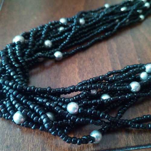 Statement bayadere layered necklace black-silver with braided glass beads strap like new
