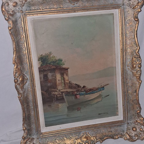 Kostopoulos Old Greek Seascape Oil Painting on Canvas with Embossed Frame