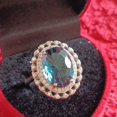 Women's silver ring with large teal moissanite and zirconia, new