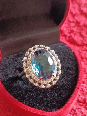 Women's silver ring with large teal moissanite and zirconia, new