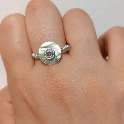Ring with iridescent shell button adjustable, handmade silver