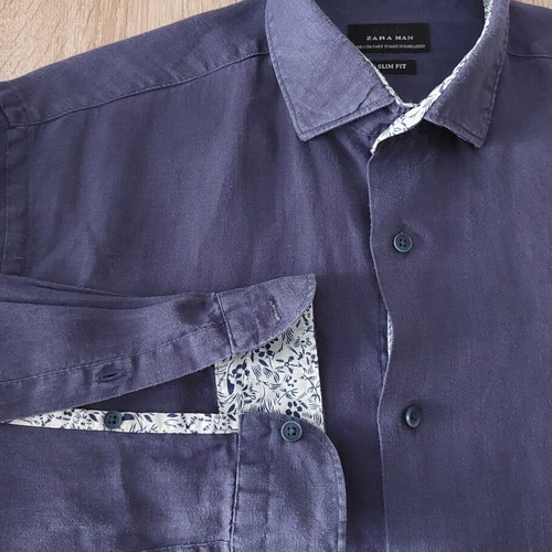 Zara Man linen shirt small, navy blue, slim fit, used