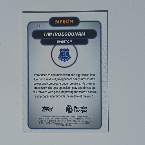 Topps Merlin Premier League 2026 Tim Iroegbunam Everton card near mint