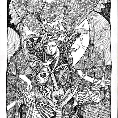 Drawing on paper with rapidographs titled The Nest and Its Embrace