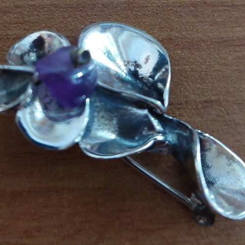 Silver brooch handmade oxidized with amethyst stone