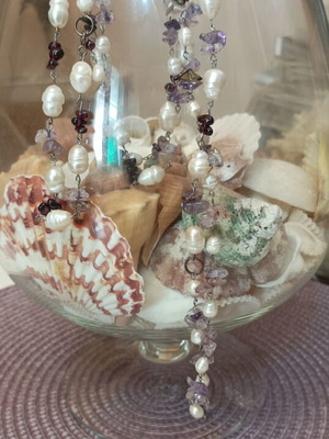 Long handmade necklace with natural river pearls and amethyst, new