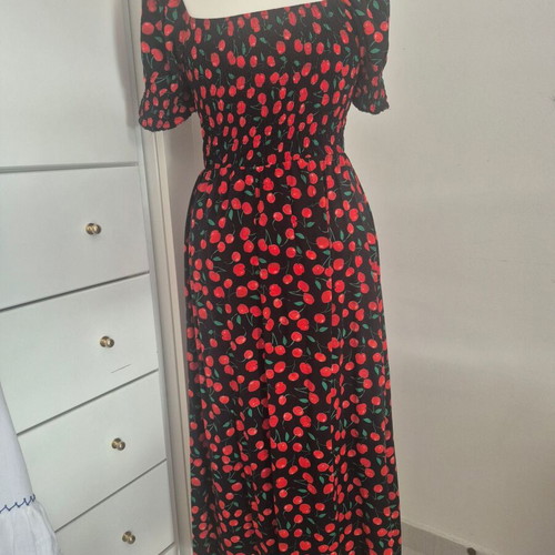 Cherry print midi dress like new, viscose, black, size S