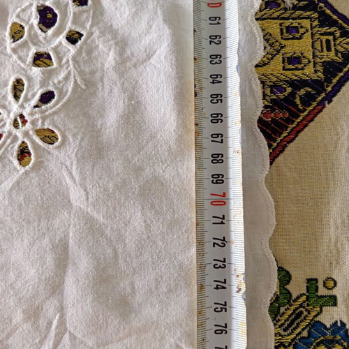 Vintage handmade cutwork tablecloth used, white embroidery 69x78 cm