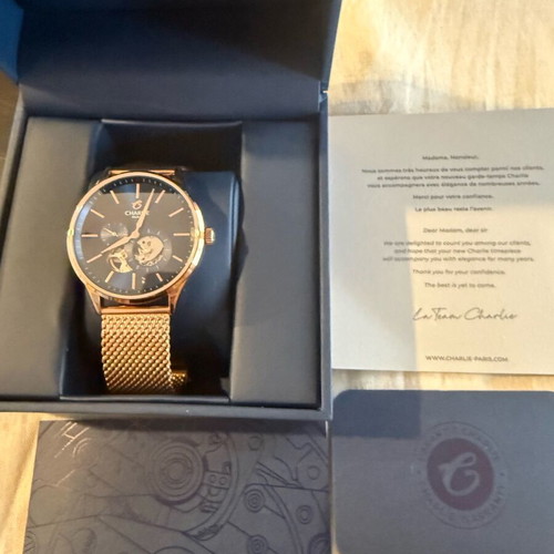 Charlie Initial Open Heart watch rose gold and blue, new