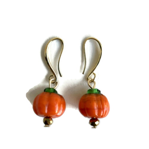 Halloween earrings orange Murano glass pumpkins new, size 40 mm