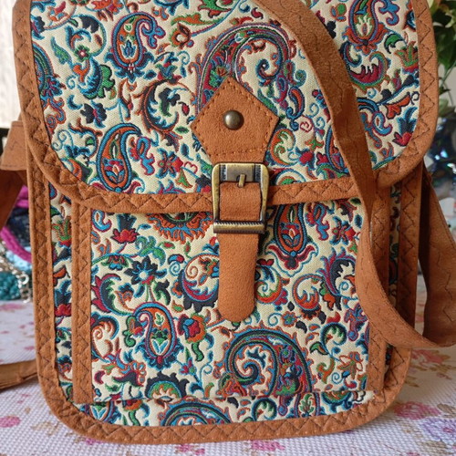 Women's crossbody bag with suede strap, brown and multicolor pattern